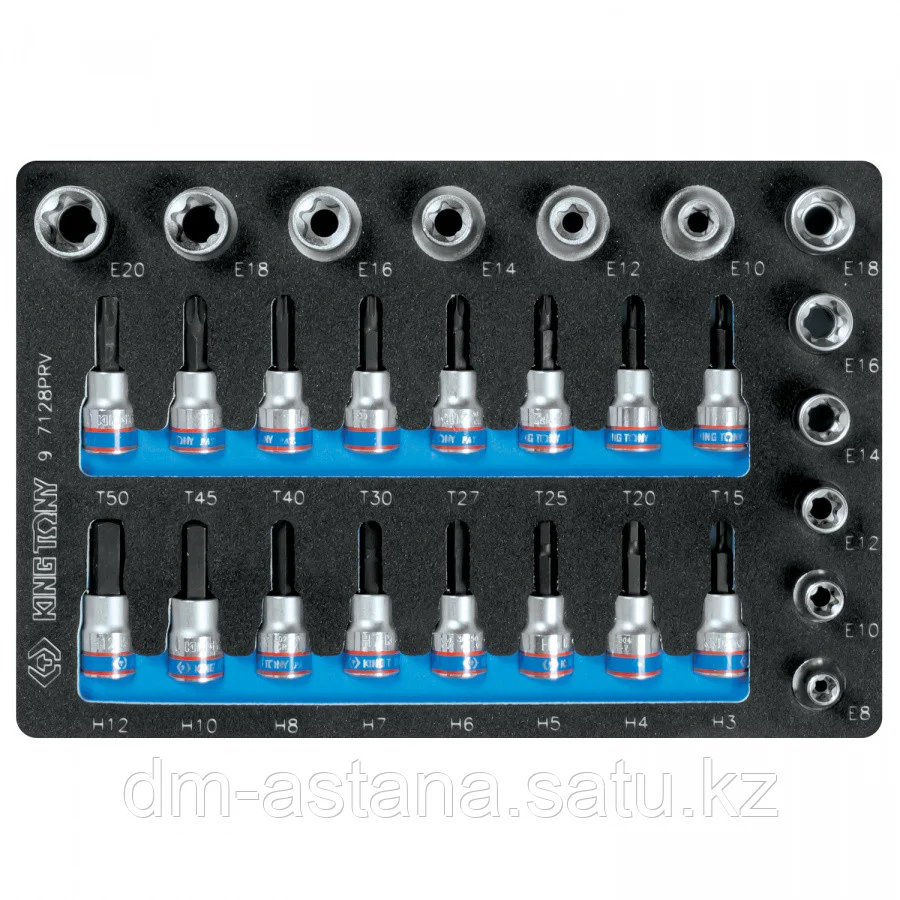 KING TONY Набор торцевых насадок и головок 1/2"&3/8", TORX, HEX, Е6-Е20, ложемент, 28 предметов KING TONY 9-7128PRV